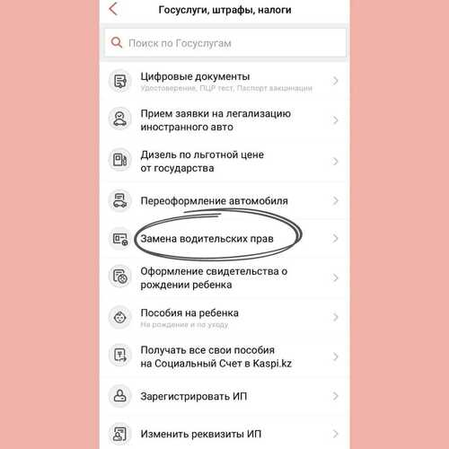 Интерфейс Kaspi для замены прав